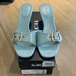 Coach Light Blue Leather Buckle Slide Mules